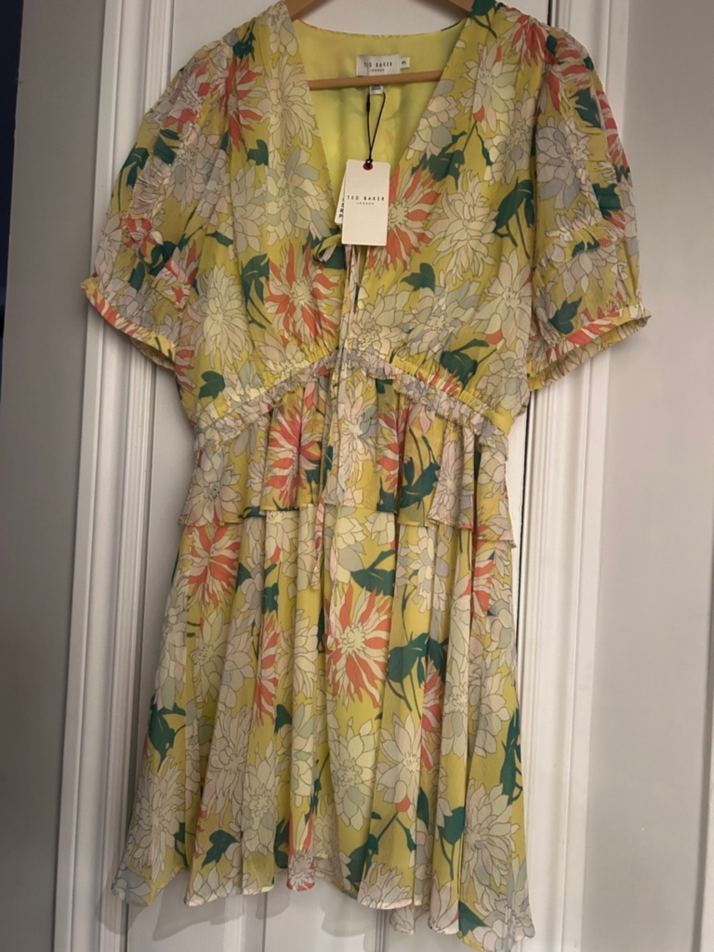 Ted Baker Yellow Floral Tiered Dress with Green and Coral Accents